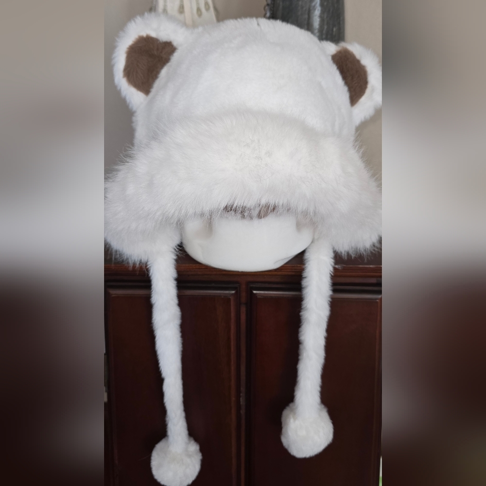 Kawaii Y2K White Plush Bear Ear Hat with Long Tassels NWOT
